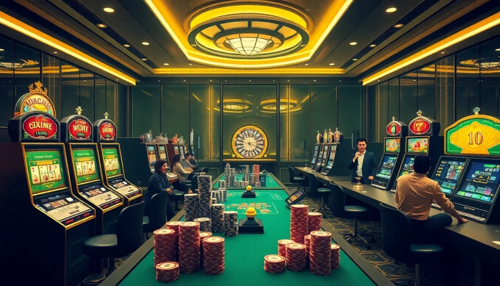 Players enjoying an exciting gaming experience at XX88 casino with vibrant slot machines and poker chips.