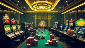 Players enjoying an exciting gaming experience at XX88 casino with vibrant slot machines and poker chips.