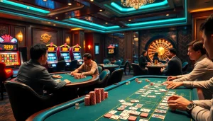 Engage in exhilarating poker action at Nhà cái NEW88's luxurious casino table, surrounded by lively gaming excitement.