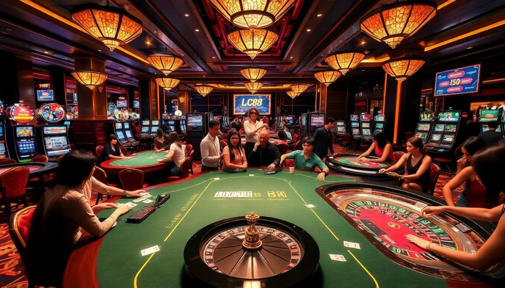 Experience thrilling gameplay at https://lc88tv.com/ with lively casino atmosphere featuring poker games and roulette wheels.