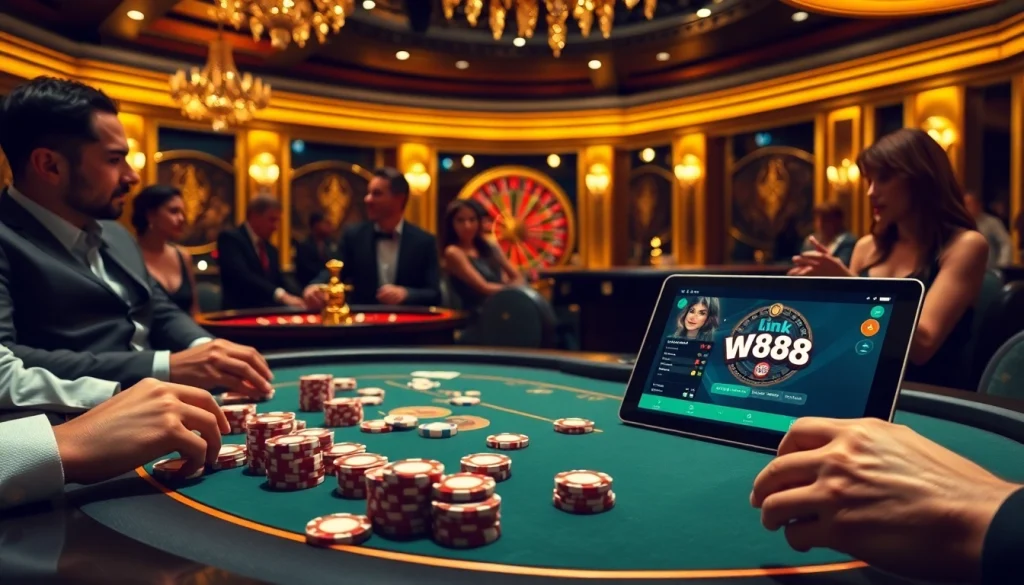 Engaged players enjoying a poker game at a casino, highlighting link w88 for seamless online access.