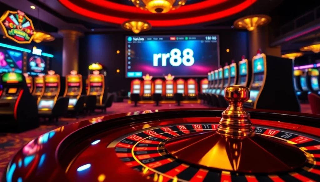 Experience the excitement of rr88 with vibrant casino visuals featuring roulette wheels and betting slips.