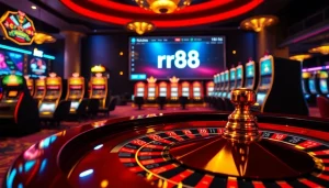 Experience the excitement of rr88 with vibrant casino visuals featuring roulette wheels and betting slips.