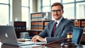 Eminent domain lawyer consulting clients confidently in a professional law office.