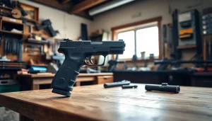 Showcasing the polymer-80 handgun on a workbench, highlighting its design and craftsmanship.