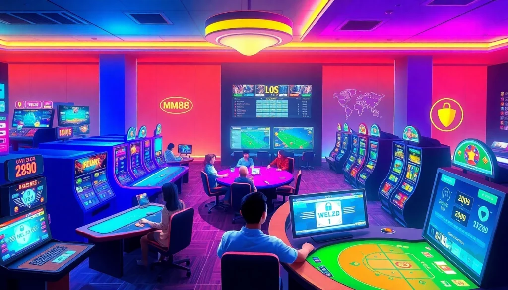 Engaging online gambling scene at https://mm88.agency/ with vibrant games and security symbols.