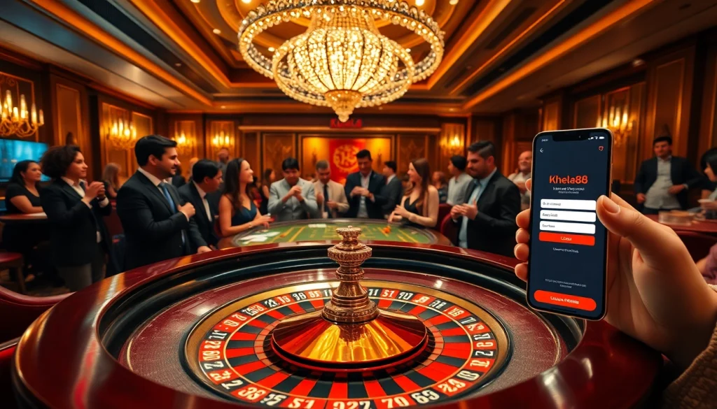 Experience the excitement of khela88 লগইন করুন at an opulent casino with roulette tables and thrilled players.