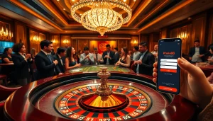 Experience the excitement of khela88 লগইন করুন at an opulent casino with roulette tables and thrilled players.
