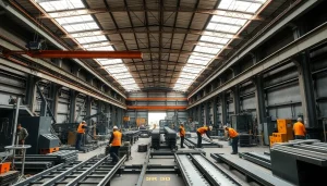 Engaged workers at a steel fabrication shop expertly assembling metal structures.