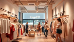 Shop RageOff fashion in a modern boutique displaying vibrant apparel and engaged shoppers.