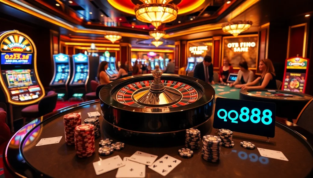 Players engaging in thrilling games at a luxurious casino featuring qq88 slot machines and tables.