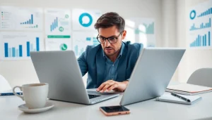 Understand What is a CRM for WhatsApp with a professional using WhatsApp on a laptop in an office.