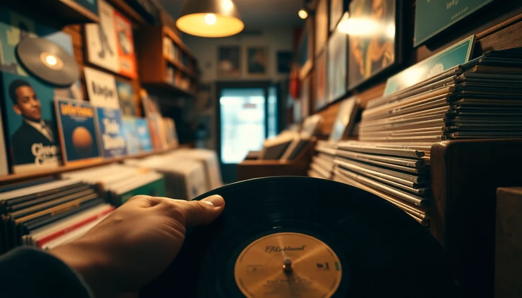 Discovering gramaphone records in a warm, vintage record store filled with musical treasures.