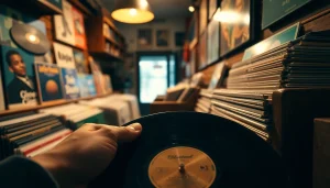 Discovering gramaphone records in a warm, vintage record store filled with musical treasures.