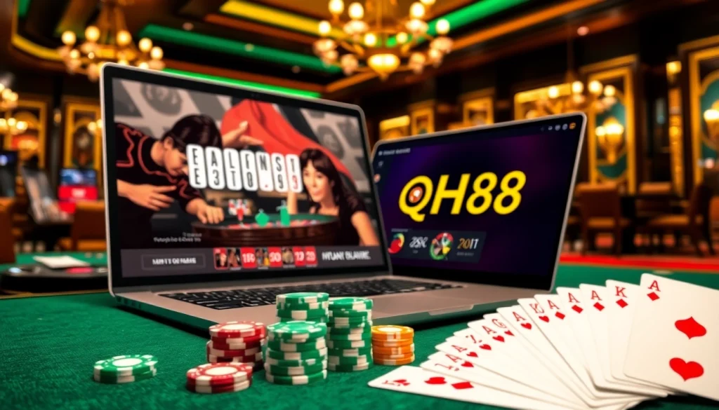 Engaging online gambling scene focusing on Đăng Ký QH88 with casino elements like roulette and poker chips.