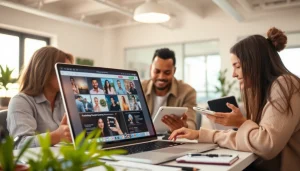 Illustration depicting diverse creators engaging in content monetization for creators in an energetic environment.