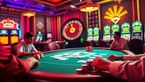 TẢI AF88 at an exciting casino scene featuring poker games, roulette, and vibrant slot machines