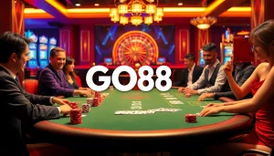 Players engaging at a GO88-themed casino table, experiencing the thrill of poker.