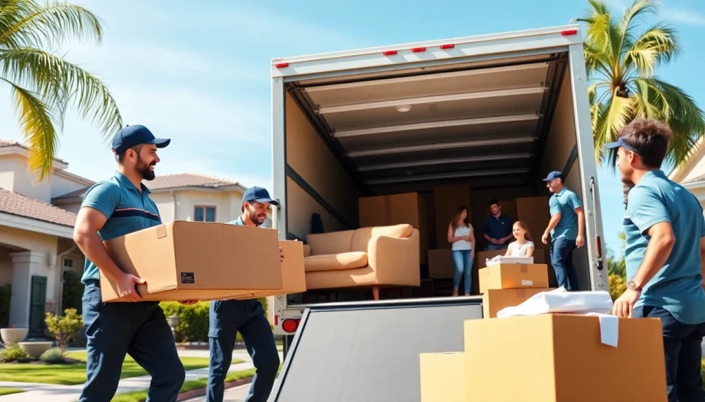 Moving Company San Diego team loading furniture into a truck in bright residential setting.