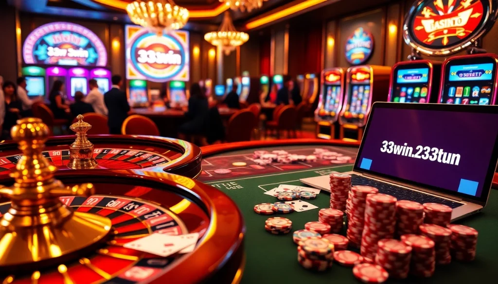 Experience the thrill of gaming at 33win.services with an elegant casino scene featuring a roulette wheel and poker table.