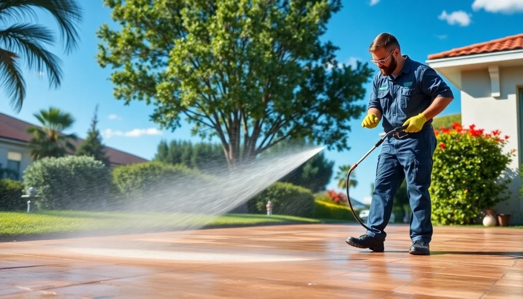 Pressure wash technician cleaning driveway, showcasing effective exterior cleaning.