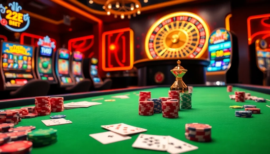 Excited players at a luxurious 12bet casino, engaging with vibrant slot machines and poker tables.