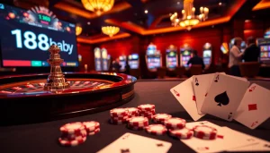 Experience the excitement of 188bet.baby with a vibrant casino atmosphere filled with poker chips and roulette wheels.