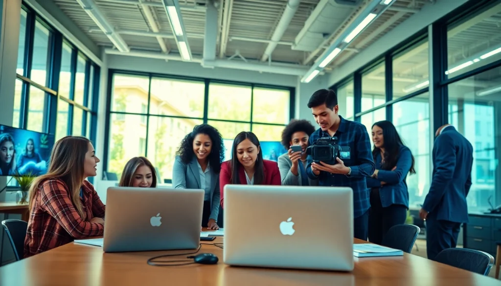Engaging corporate video production team collaborating in a modern workspace.