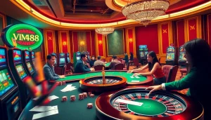 Engaged players enjoying VN88 casino games, showcasing excitement at poker and slots.