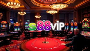 Players engaging at an s88vip casino table under warm lighting, experiencing high-stakes excitement and luxury.