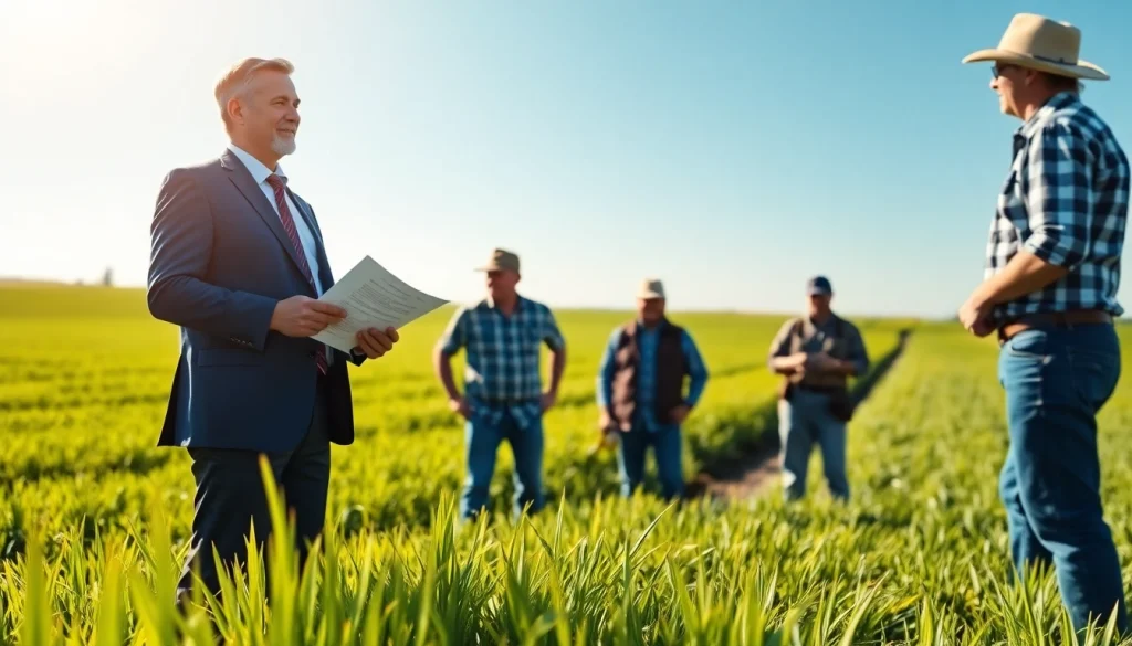 Agriculture law attorney discussing legal matters with farmers in a rural setting.