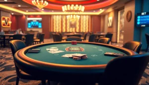 Experience the thrill of רמי אונליין at a virtual poker table with vibrant casino elements.