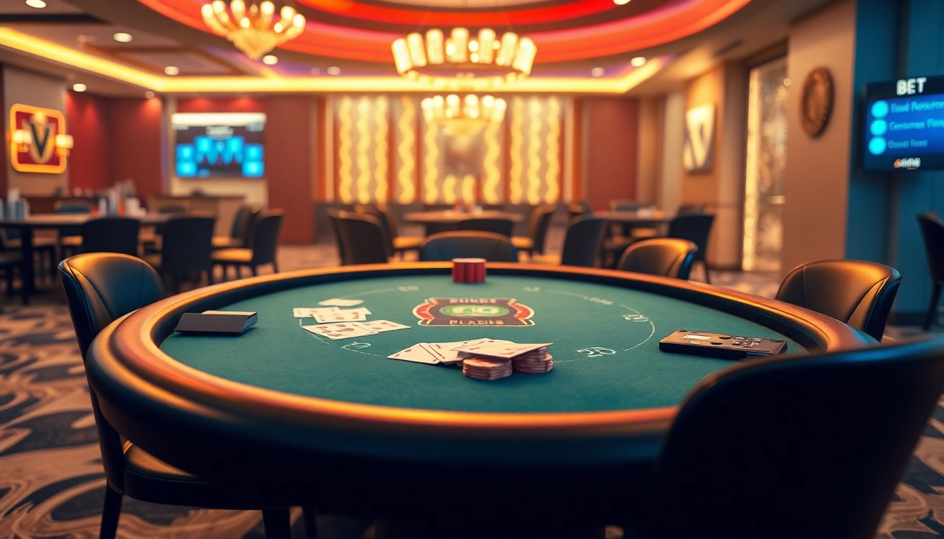 Experience the thrill of רמי אונליין at a virtual poker table with vibrant casino elements.