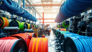 Flexible Wire Manufacturer showcasing machinery and wire reels in a professional setting.