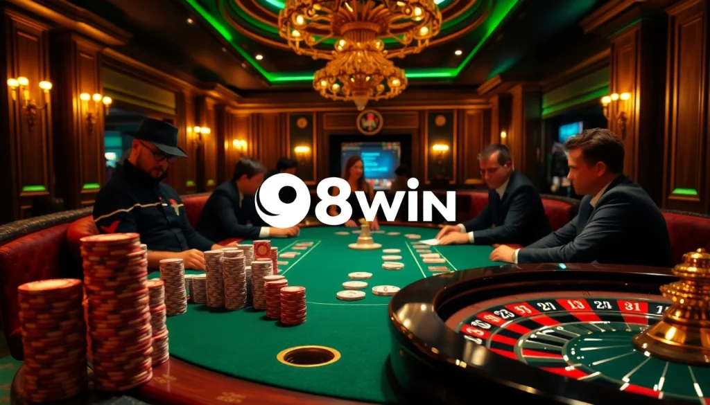 Engaging poker players at 98win trang chủ highlighting strategy and excitement in a luxurious casino setting.