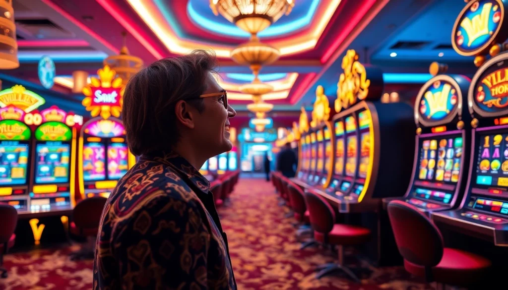 Excited player engaging with slot depo 5k machines in a vibrant casino backdrop.