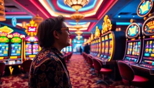 Excited player engaging with slot depo 5k machines in a vibrant casino backdrop.