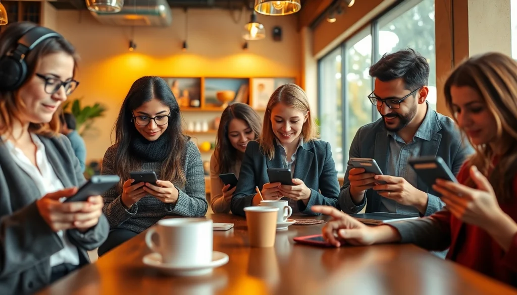 Find local OnlyFans creators in a trendy café setting with people engaging on their devices.