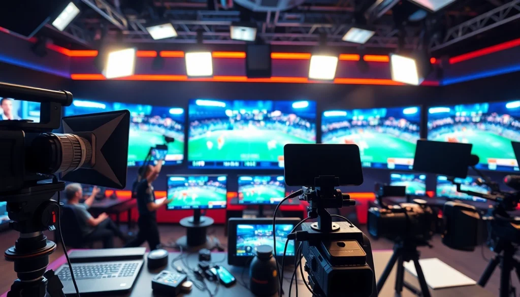 Engaging sports broadcasting studio showcasing dynamic live sports action and technology.
