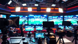 Engaging sports broadcasting studio showcasing dynamic live sports action and technology.