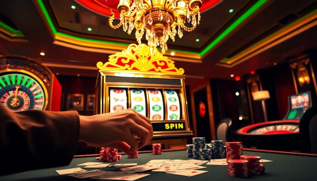 Gameplay slot pulsa yang mendebarkan menampilkan suasana kasino mewah dengan keping poker dan mesin slot.