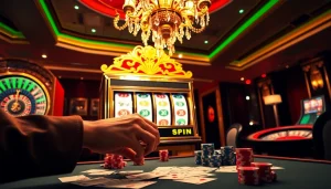 Gameplay slot pulsa yang mendebarkan menampilkan suasana kasino mewah dengan keping poker dan mesin slot.