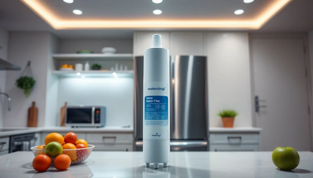 Waterdrop 5231JA2002A Refrigerator Water Filter showcased in a stylish kitchen, emphasizing freshness and purity.