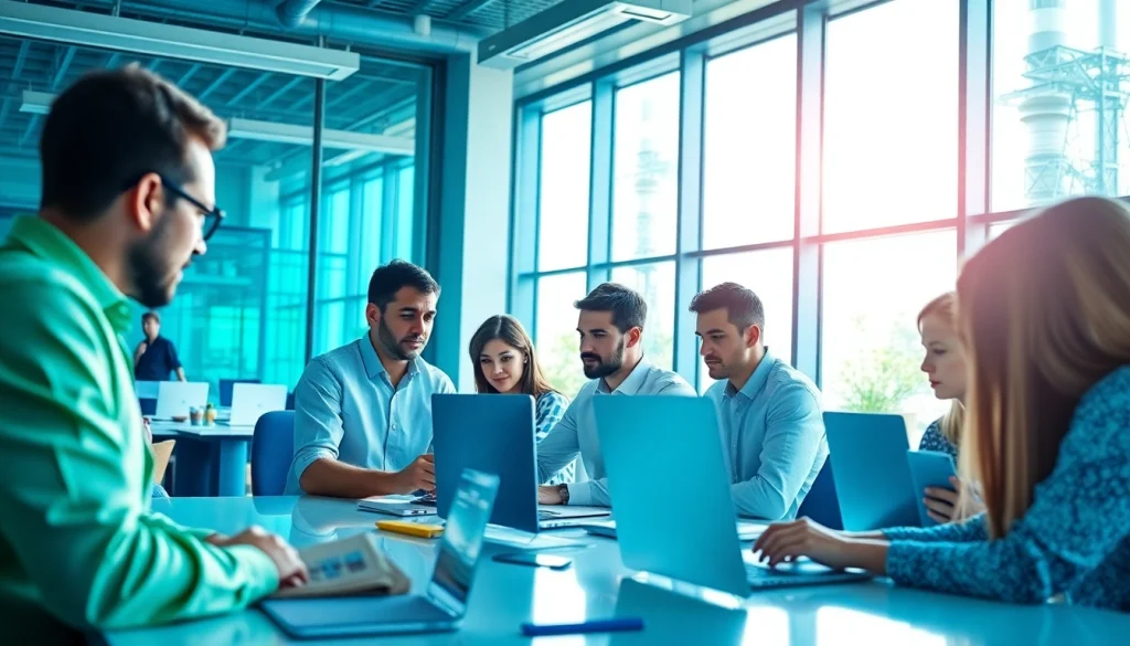 Saas applications enhancing collaboration in a modern office setting with diverse users.