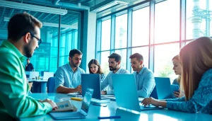 Saas applications enhancing collaboration in a modern office setting with diverse users.