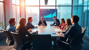 Engaged team discussing growth strategy trends in a modern conference room.