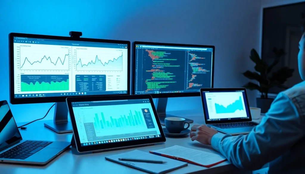 Web scrapping in a modern developer's workspace, showcasing data visualization and coding for e-commerce.