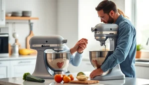 KitchenAid appliance repair Ottawa service technician inspecting a mixer in a bright kitchen.