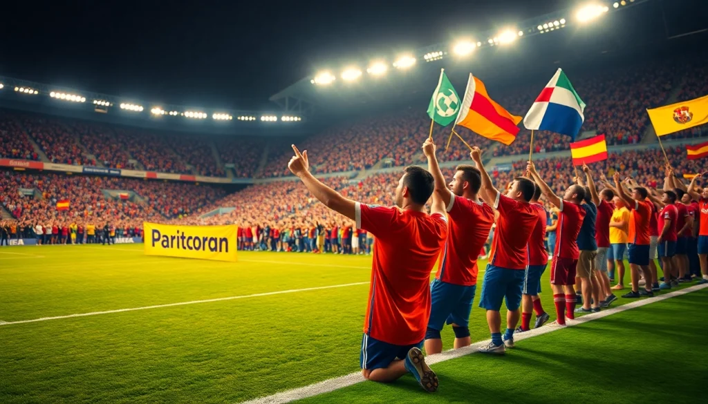 Excited fans celebrating a goal during a match showcasing ผลบอลสดgoal in a vibrant soccer stadium.