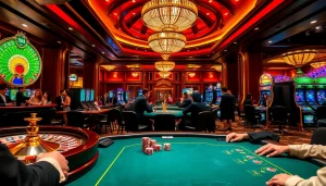 Experience luxury gaming at Trang Chủ OKWIN with vibrant casino elements like poker chips and roulette wheels.